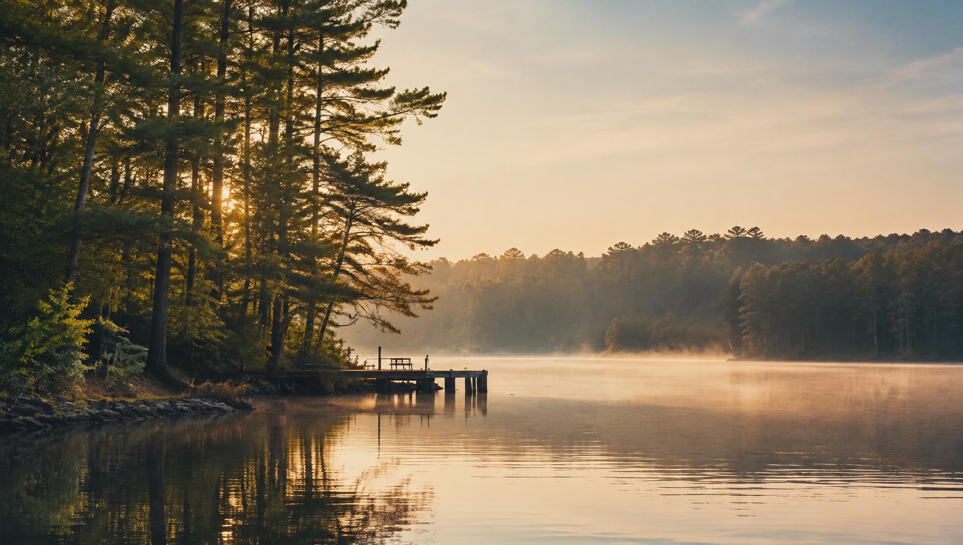 Illustrative image: misty Lake Norman–style cove at sunrise framed by tall pines and a small dock